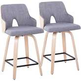 Stella 24" Swivel Counter Stool in Natural Wood, Light Grey Fabric & Black Footrest (Set of 2)